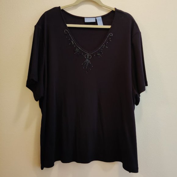 Liz & Me Tops - Liz & Me Short Sleeve Black Top, Stretch Knit, Sequins Beads, Sz 4X, *Like New*